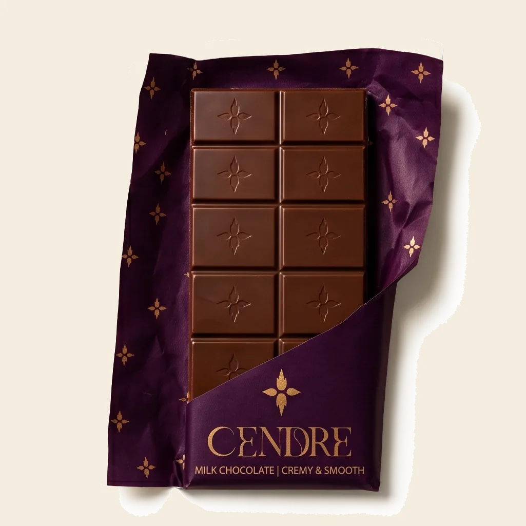 Cendre milk chocolate bar in sleeve wrapper