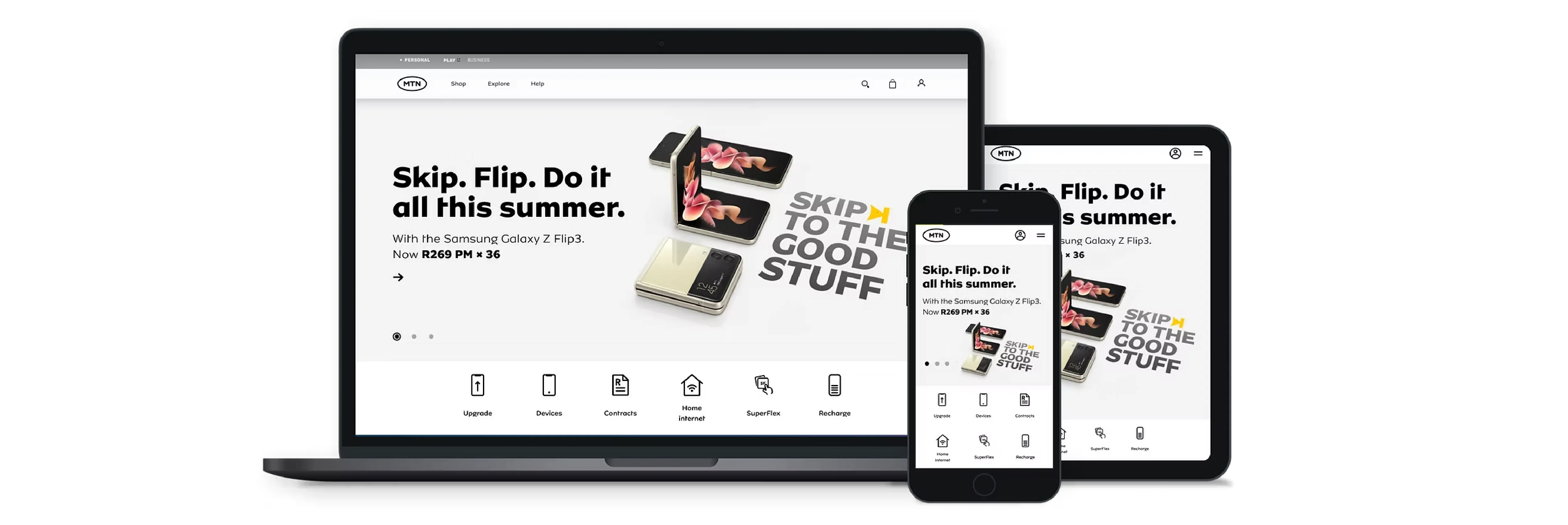 MTN website across laptop, phone, and tablet